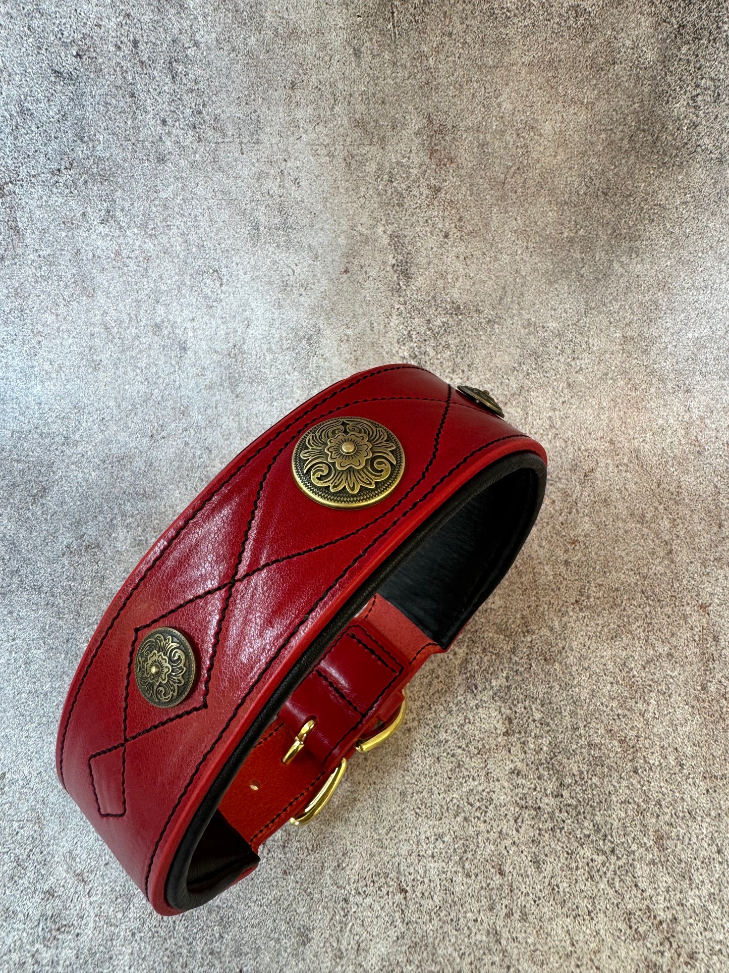 Red Wide Leather Dog Collar with Brass Medallions