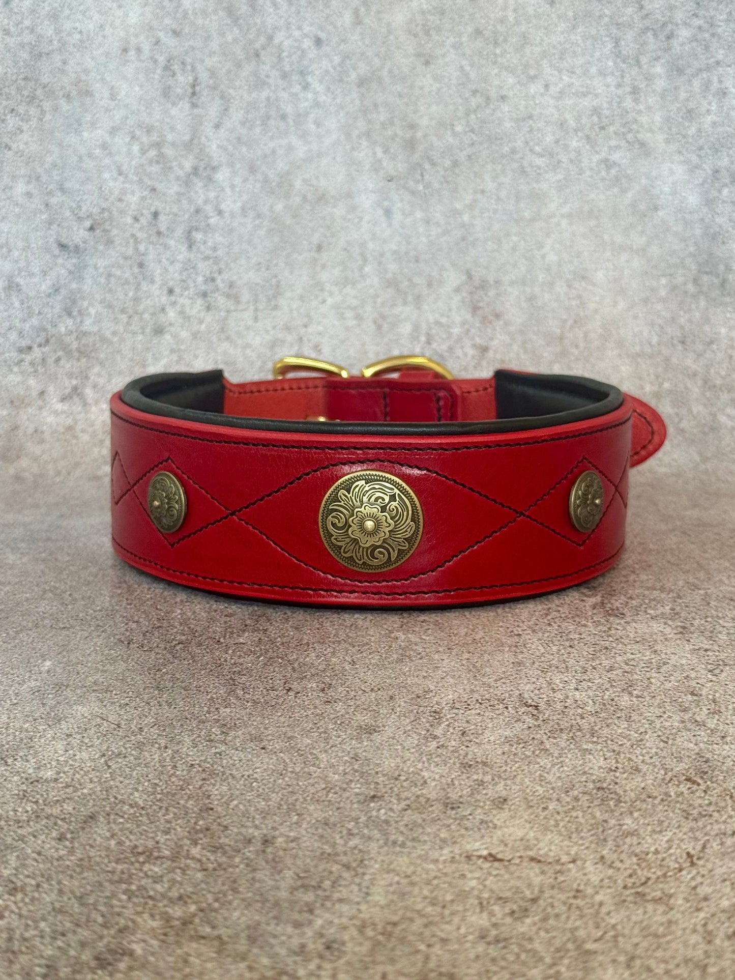 Red Wide Leather Dog Collar with Brass Medallions