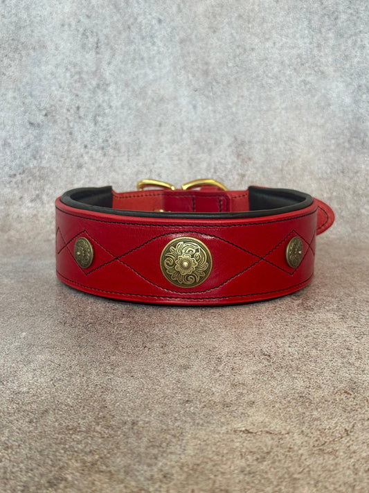 Red Wide Leather Dog Collar with Brass Medallions