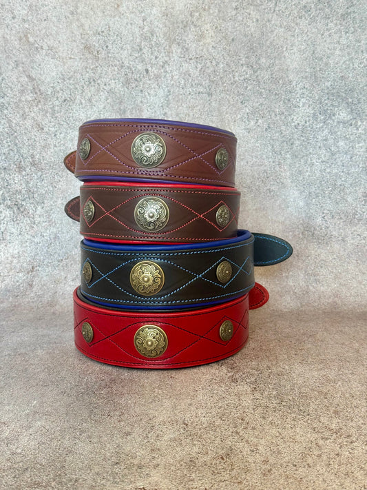 Wide Leather Dog Collar with Brass Medallions, Padded, Multi Color