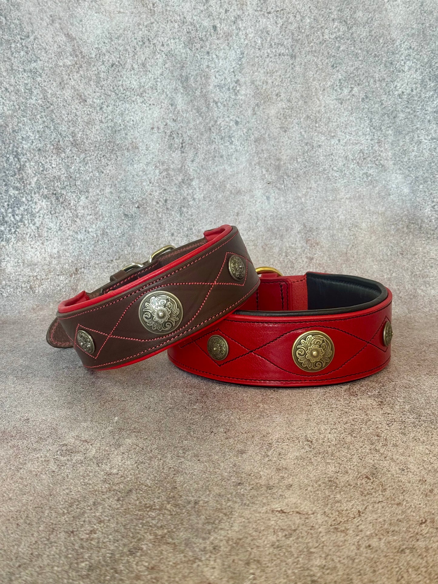 Wide Leather Dog Collar with Brass Medallions, Padded, Multi Color