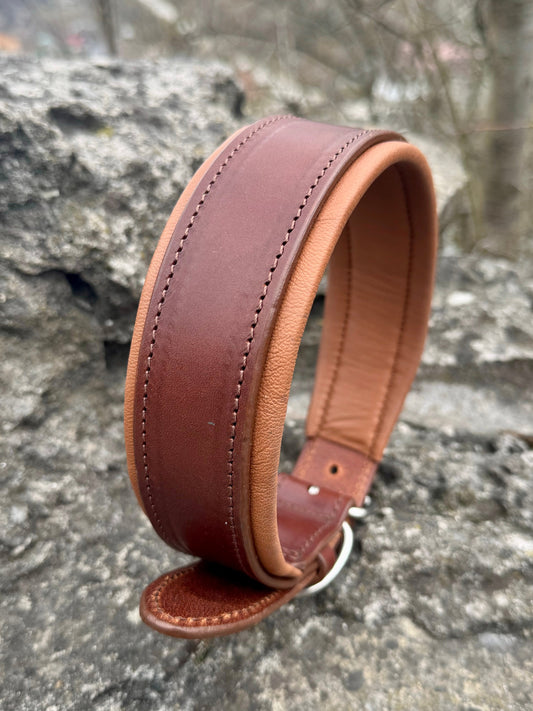 Premium Leather Dog Collar - Brown & Caramel Padded Edition