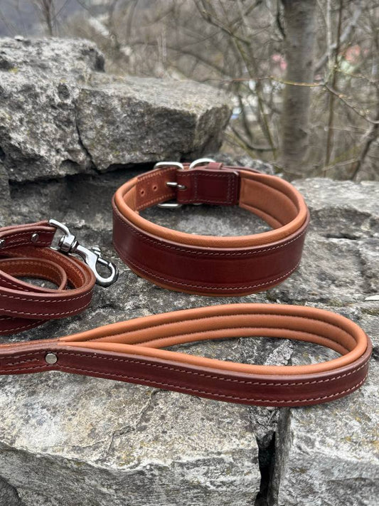 Personalized Leather Dog Collar & Leash Set – Brown & Caramel Edition