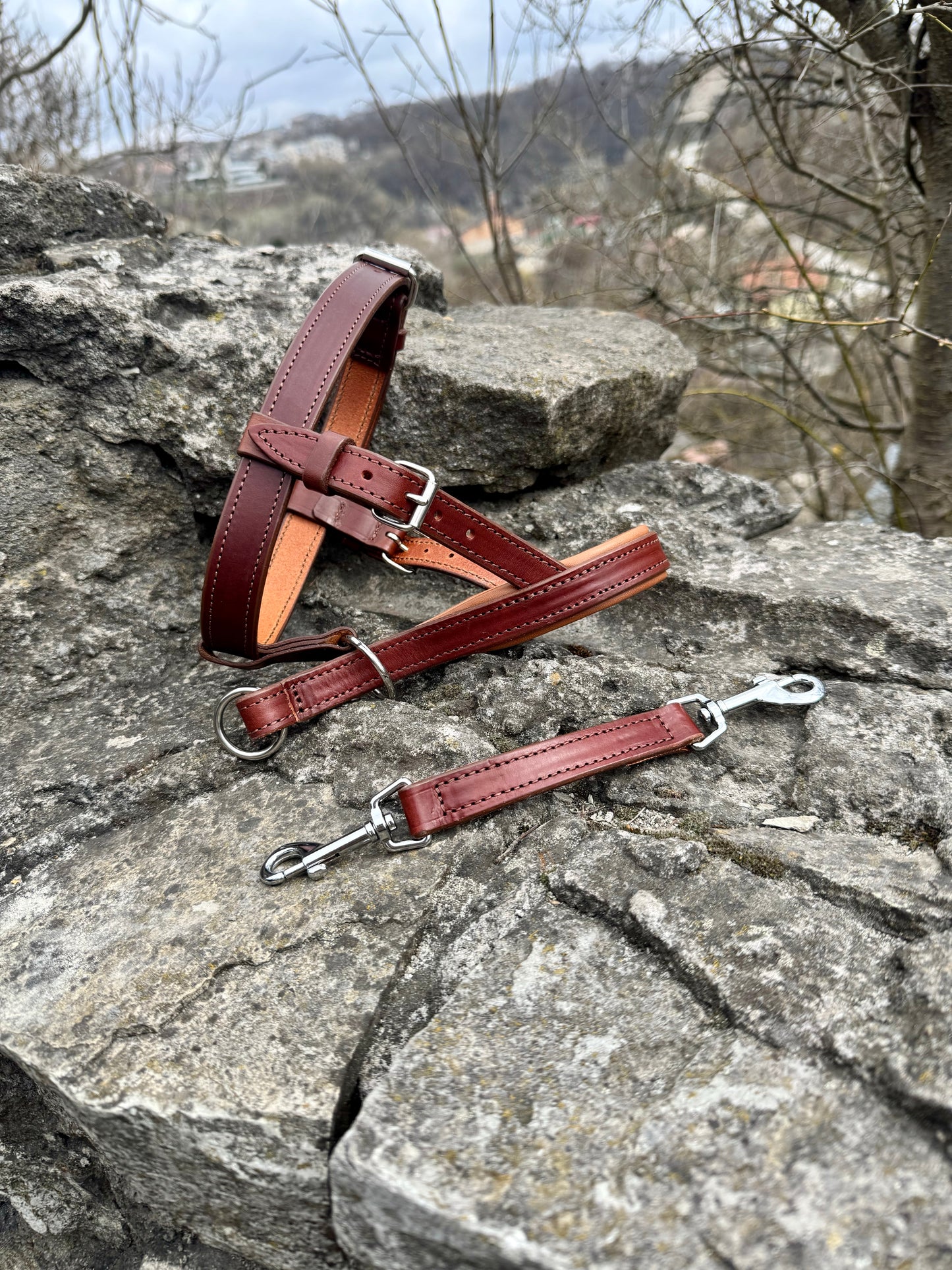 No-Pull Leather Dog Halter - Brown & Caramel Padded Edition