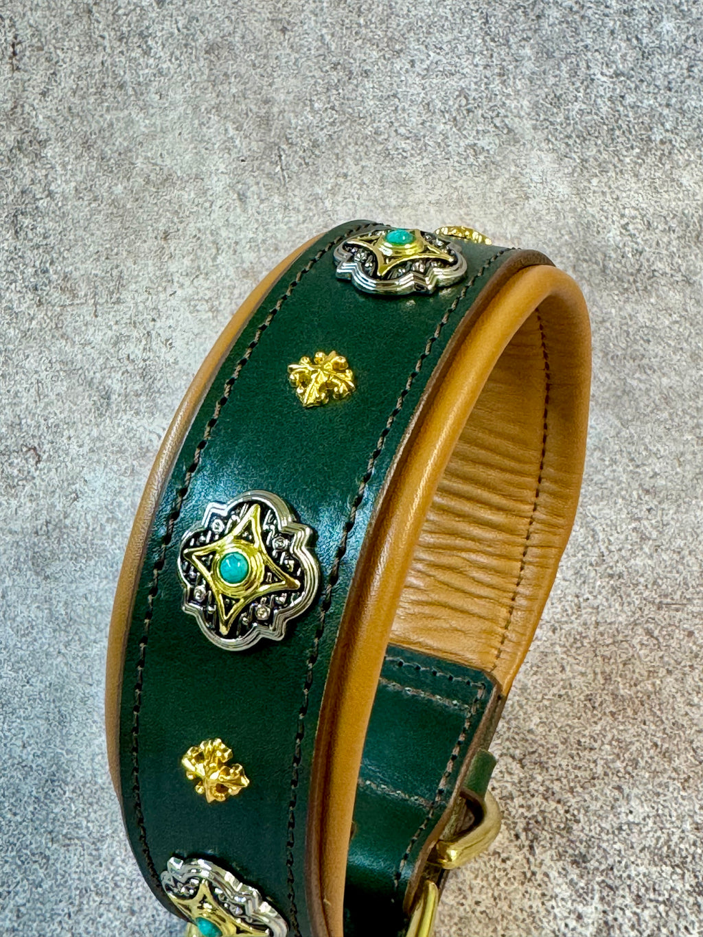 Brown Leather Dog Collar Red Padding with Conchos & Matching Leash with Handle