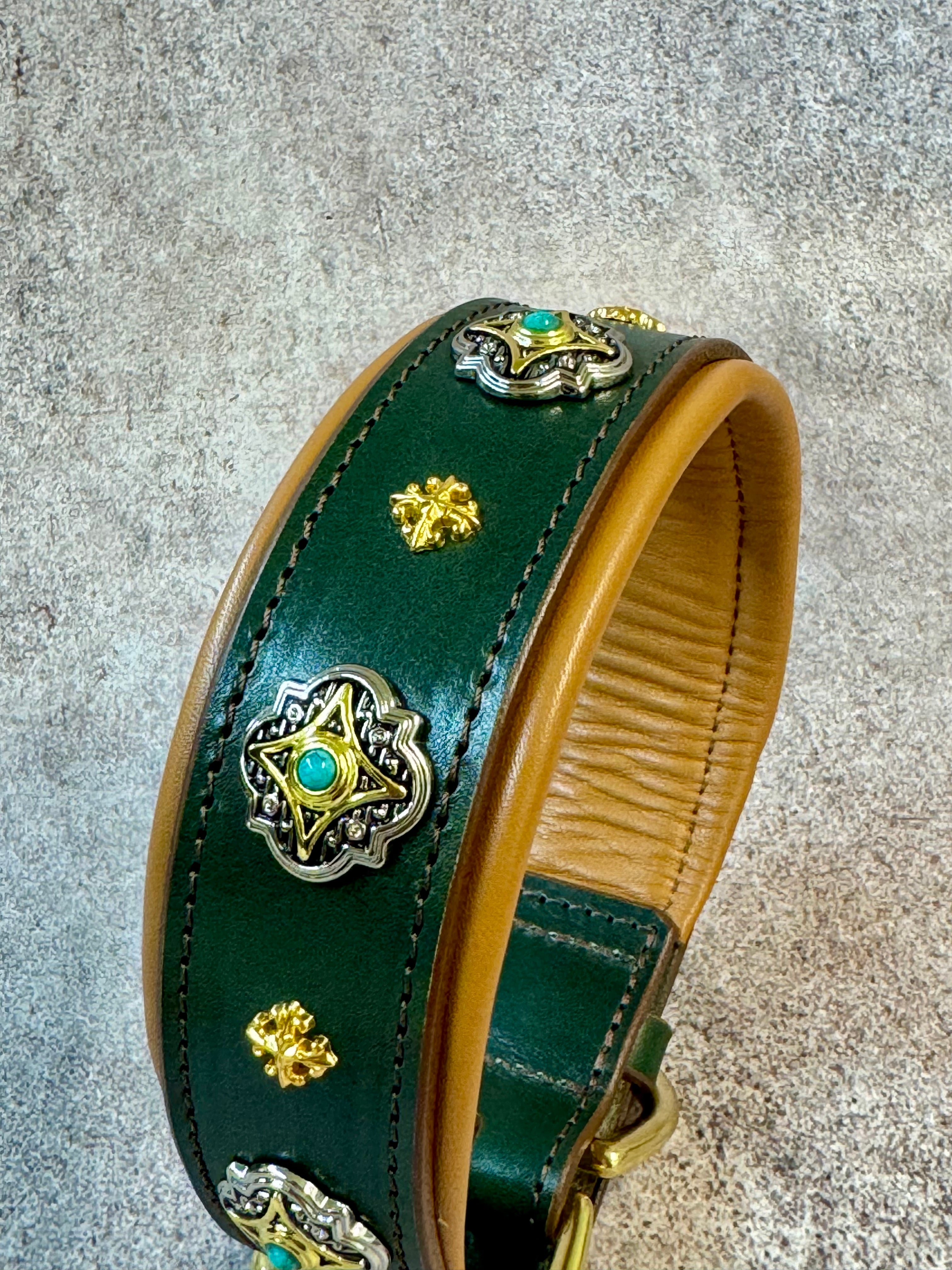Brown Leather Dog Collar Red Padding with Conchos & Matching Leash with Handle