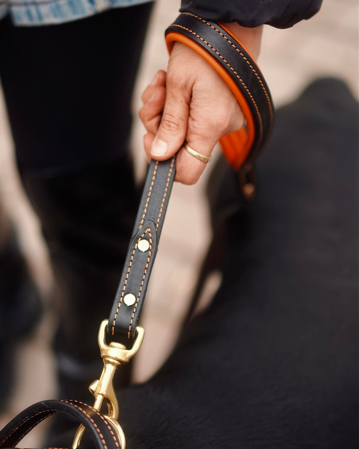 Comfort Edition - Leather Black & Orange Padded Leash