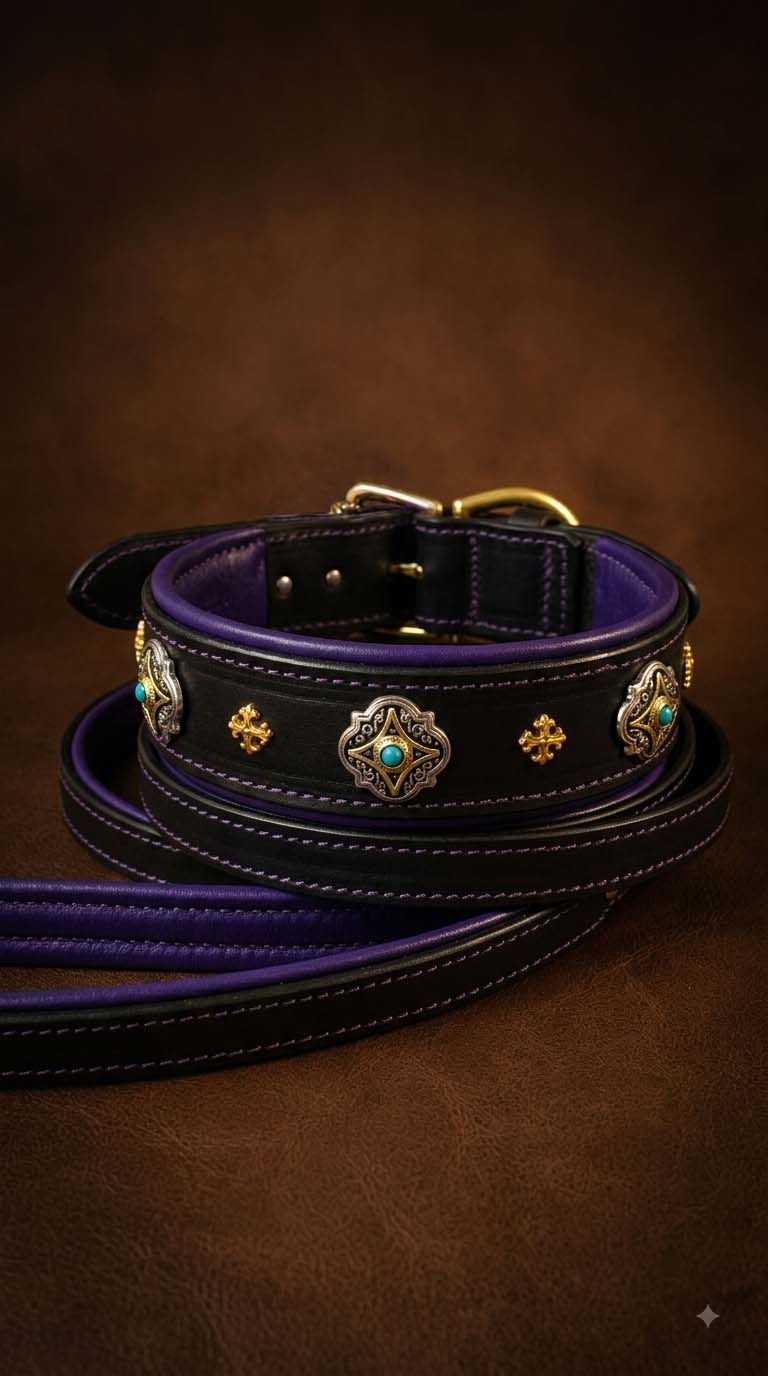 Black Castellar Leather Collar with Purple Padding and Luxurious Ornaments