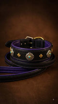 Black Castellar Leather Collar with Purple Padding and Luxurious Ornaments