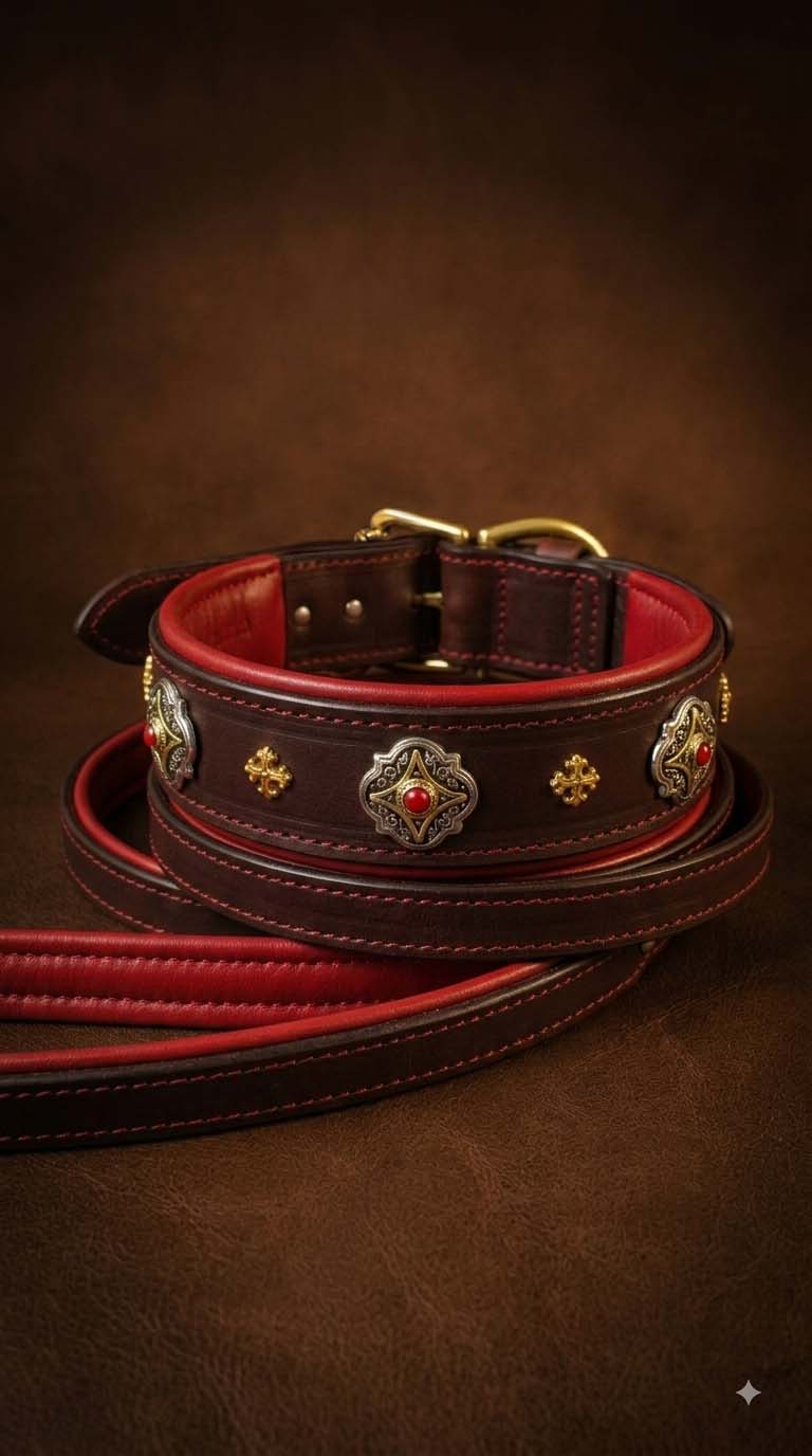 Brown Castellar Leather Collar with Red Padding and Luxurious Ornaments