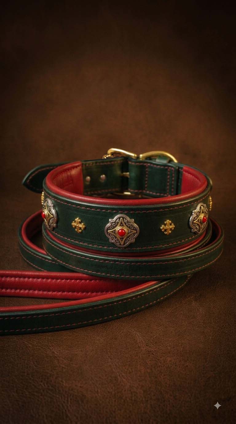 Green Castellar Leather Collar with Red Padding and Luxurious Ornaments