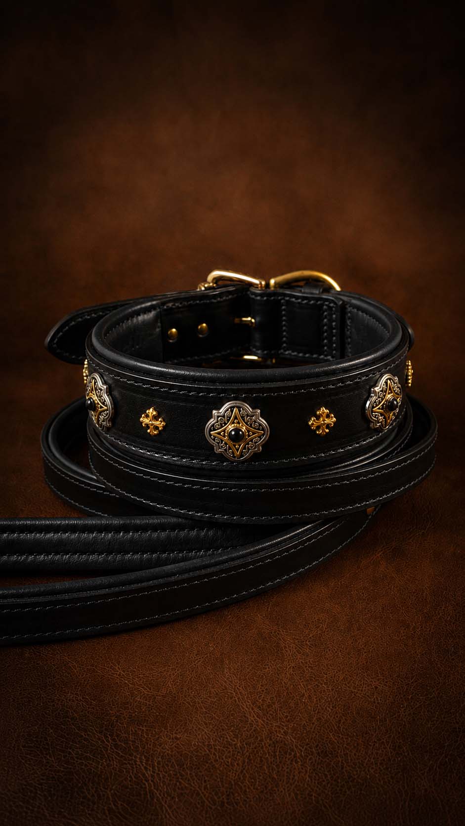 Black Castellar Leather Collar with Black Padding and Luxurious Ornaments