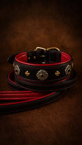Black Castellar Leather Collar with Red Padding and Luxurious Ornaments