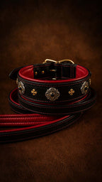 Black Castellar Leather Collar with Red Padding and Luxurious Ornaments