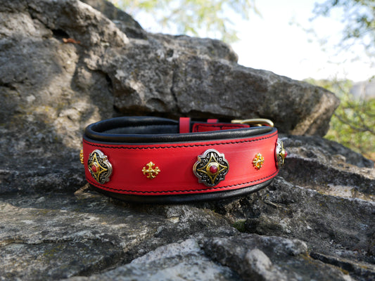Castellar Red Stones Leather Dog Collar