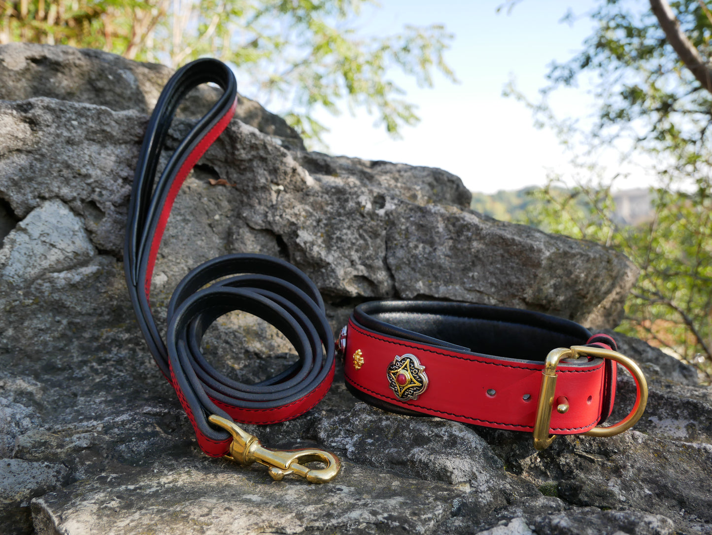 Castellar Collar and Leash Set with Ornaments Red