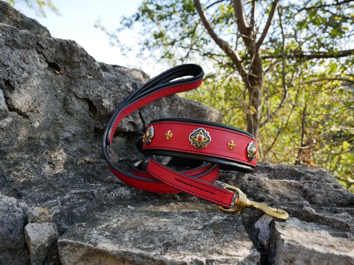 Castellar Collar and Leash Set with Ornaments Red