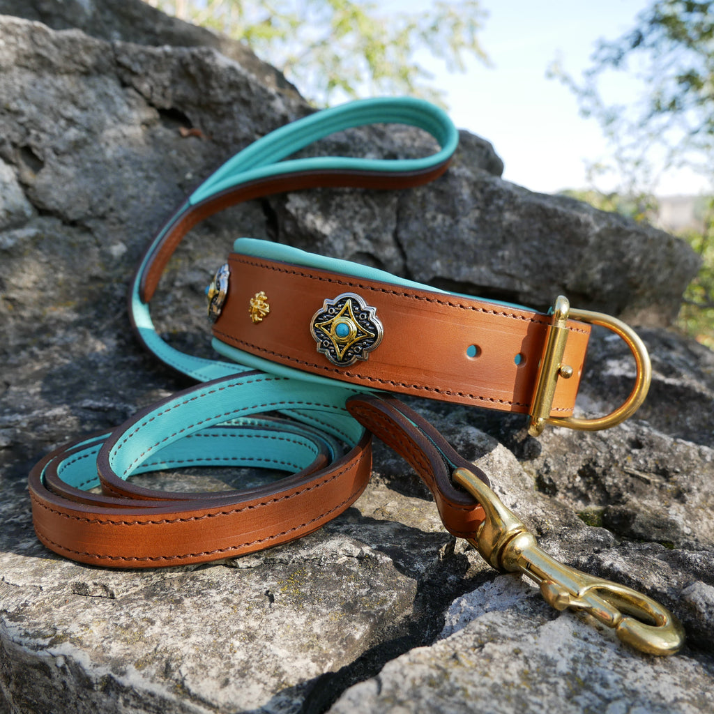 Turquoise Leather Dog Collar & Leash Set