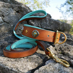 Turquoise Leather Dog Collar & Leash Set