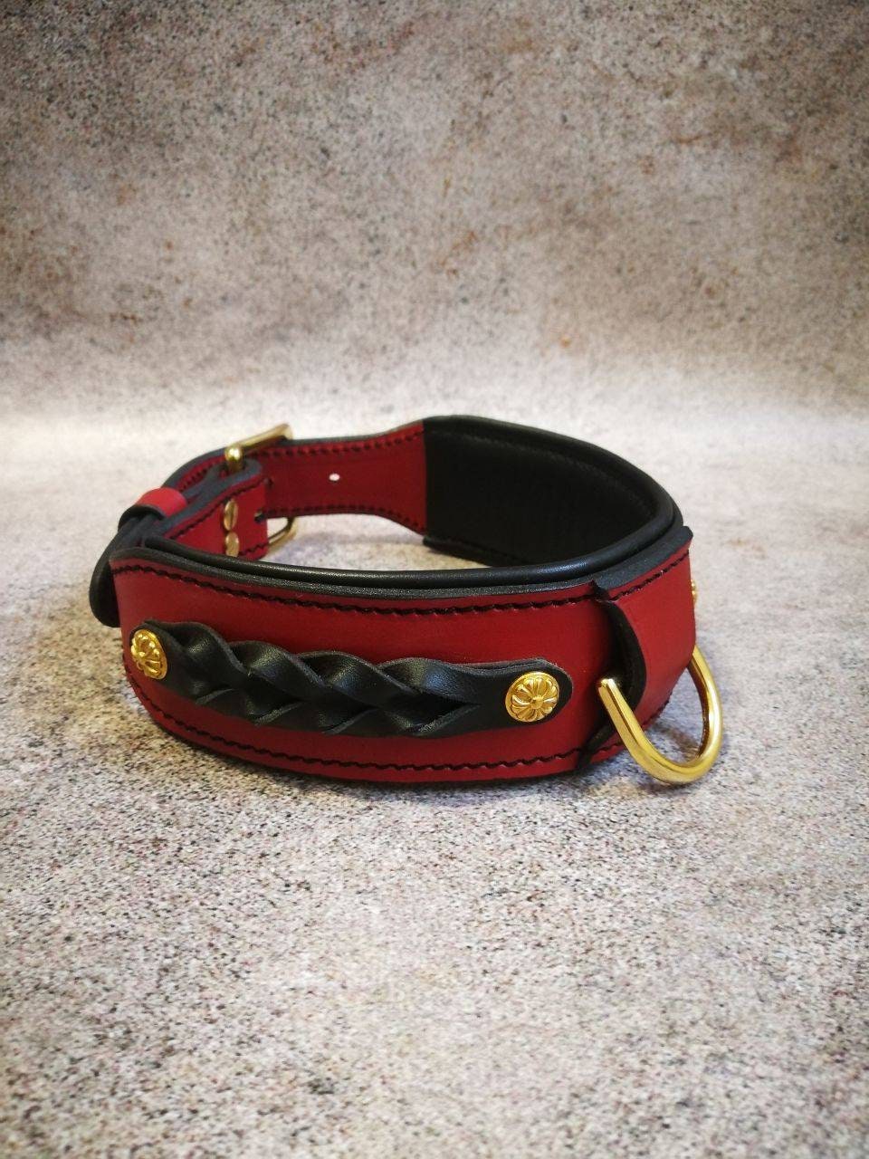 Red Leather Dog Collar, Red Leather Braided Dog Collar, Brass Hardware Dog Collar, Dog Collar Decorated with Braiding, Dog Collar Red Padded