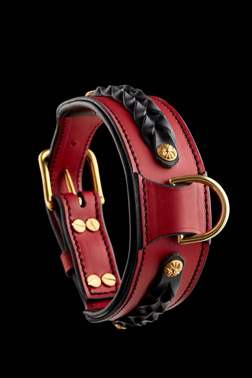 Red Leather Dog Collar, Red Leather Braided Dog Collar, Brass Hardware Dog Collar, Dog Collar Decorated with Braiding, Dog Collar Red Padded