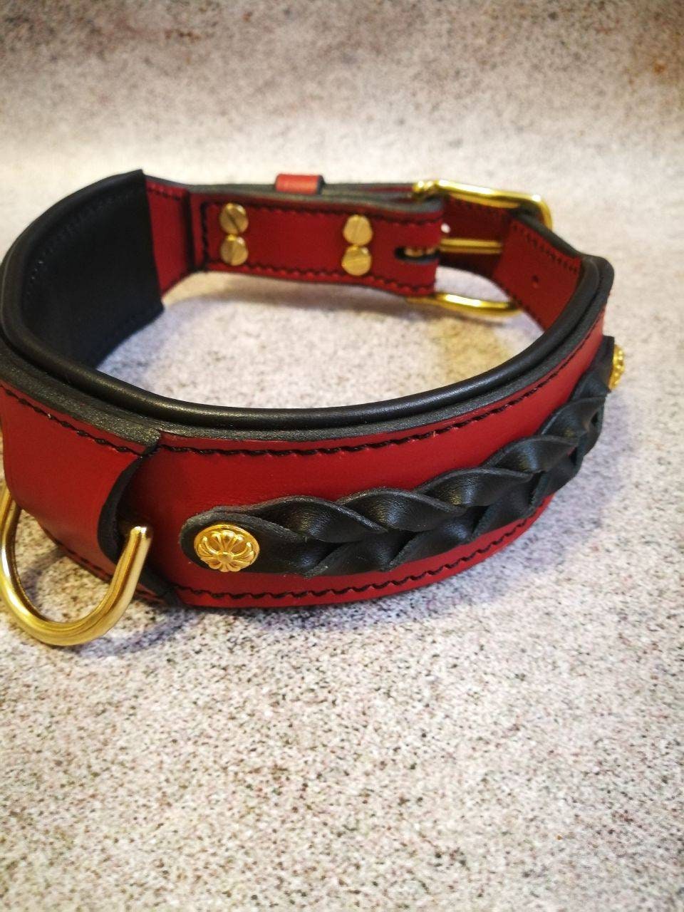 Red Leather Dog Collar, Red Leather Braided Dog Collar, Brass Hardware Dog Collar, Dog Collar Decorated with Braiding, Dog Collar Red Padded