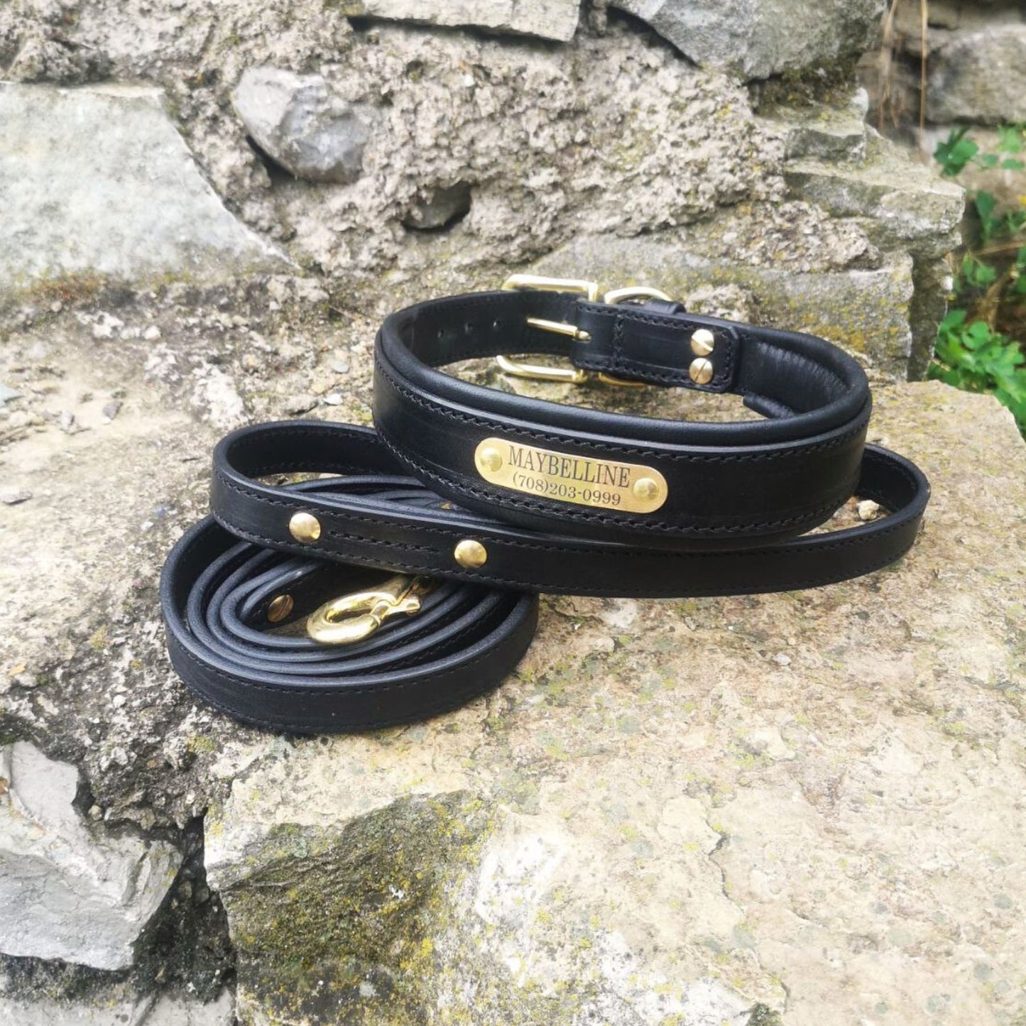 Personalized Leather Dog Collar and Leash Set, Wide Padded Leather Dog Collar with Engraved Nameplate Custom Leather 2 in Wide Dog Collar