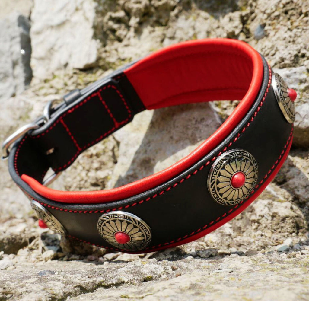 Padded Leather Dog Collar with Conchos, Flowers Decor Dog Collar for Large Dog, German Shepherd, Cane Corso, Doberman, Golden Retriever