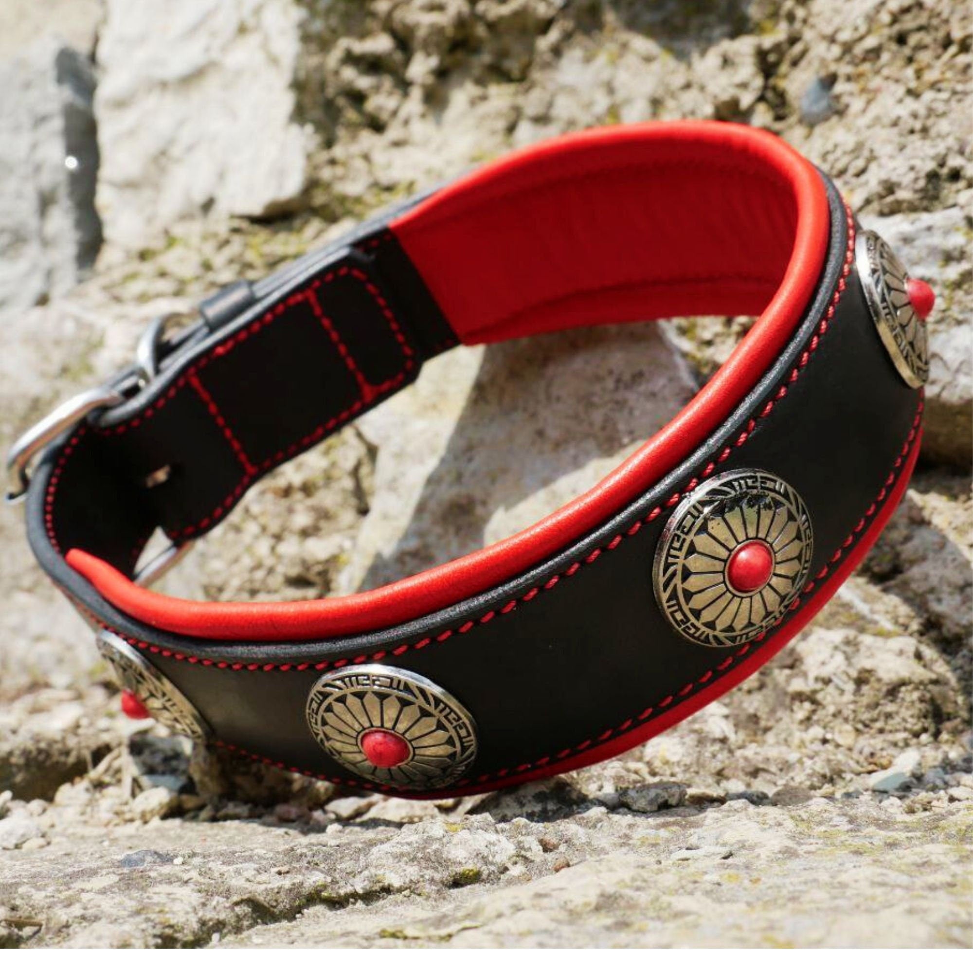 Padded Leather Dog Collar with Conchos, Flowers Decor Dog Collar for Large Dog, German Shepherd, Cane Corso, Doberman, Golden Retriever