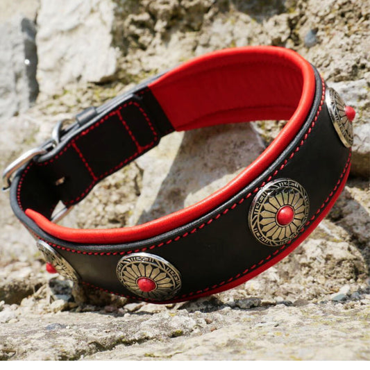 Padded Leather Dog Collar with Conchos, Flowers Decor Dog Collar for Large Dog, German Shepherd, Cane Corso, Doberman, Golden Retriever