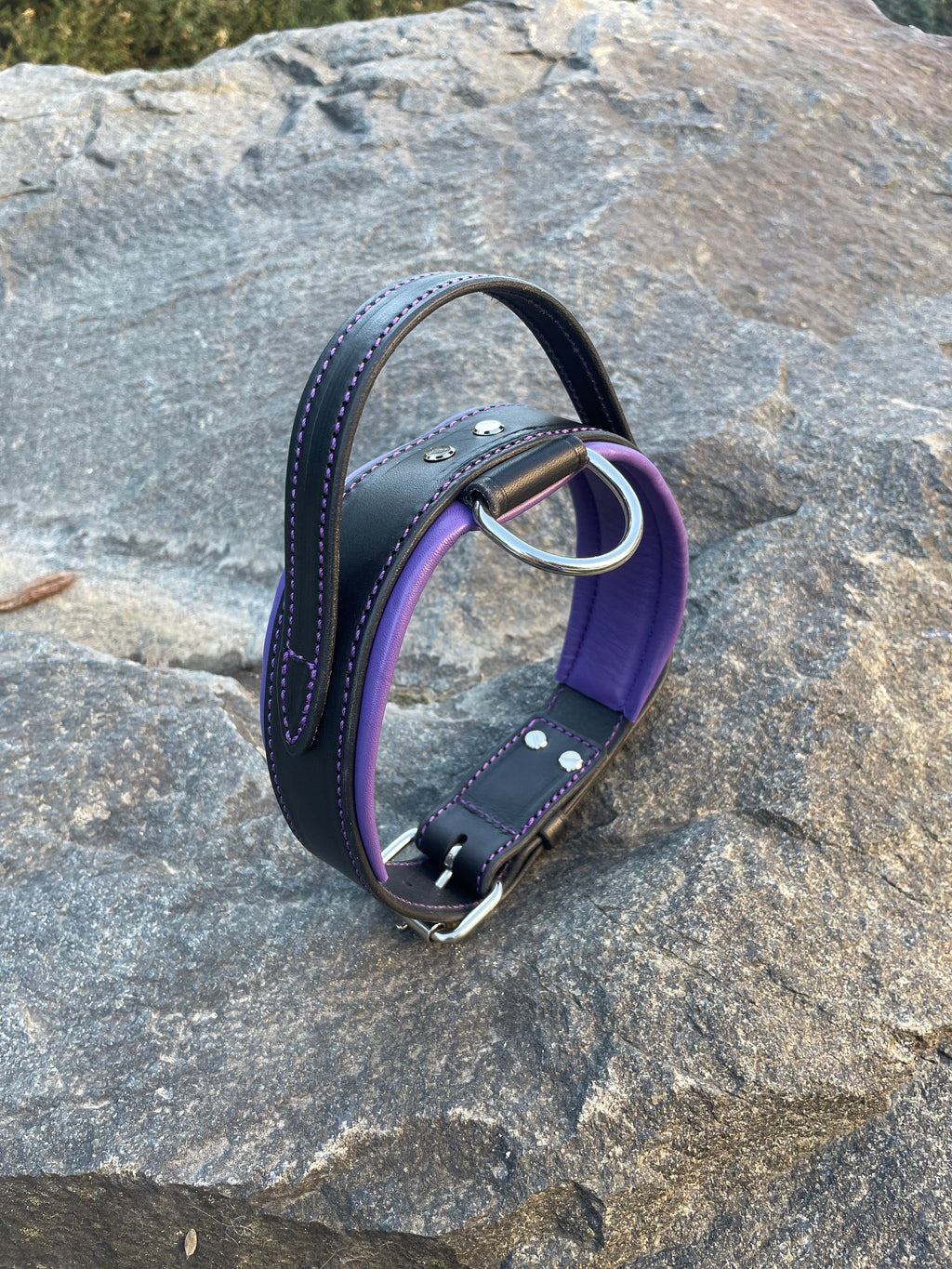 Handle Dog Collar Leather Wide Padded Purple