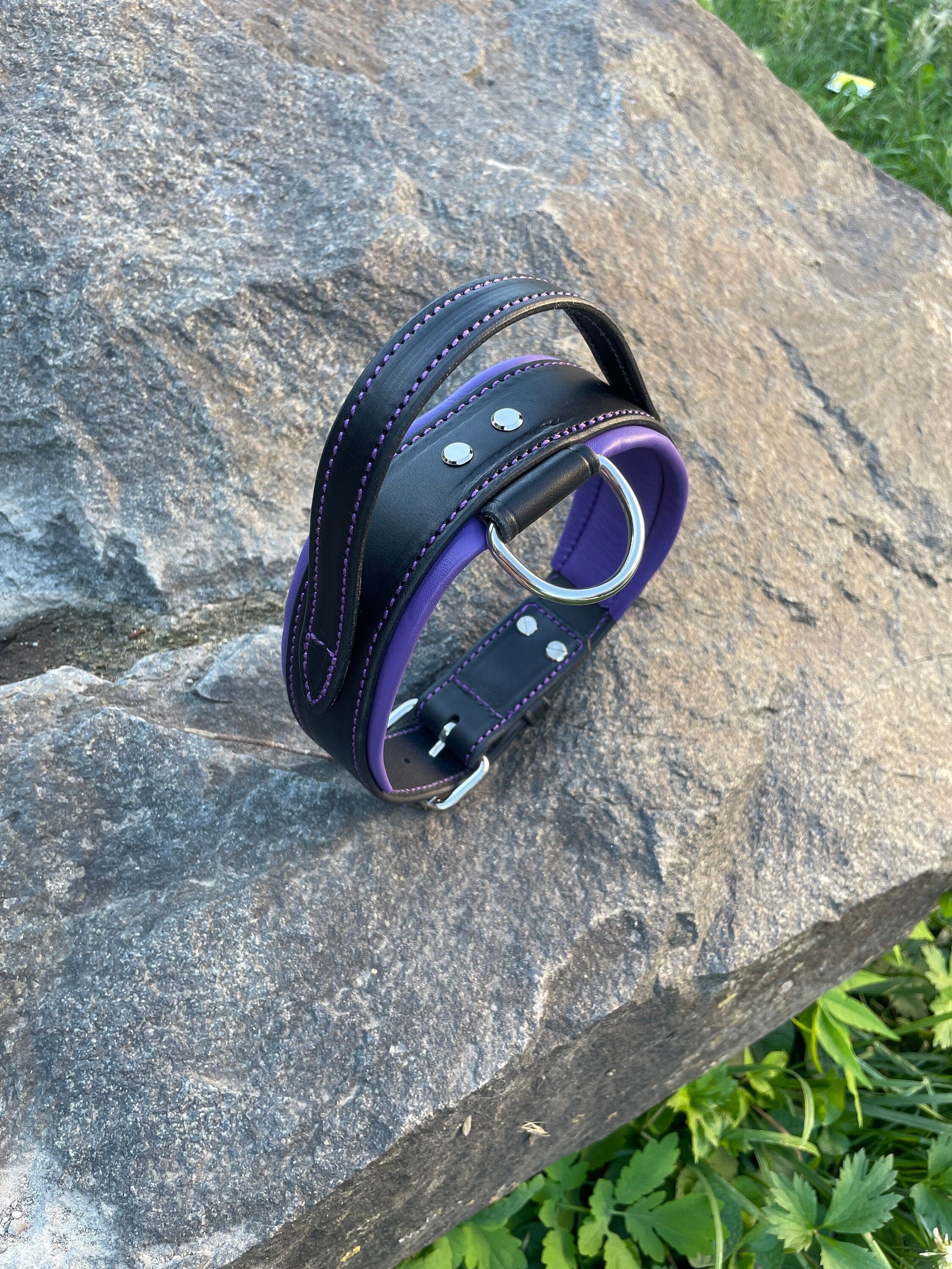 Handle Dog Collar Leather Wide Padded Purple