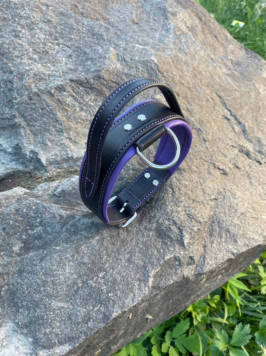Handle Dog Collar Leather Wide Padded Purple