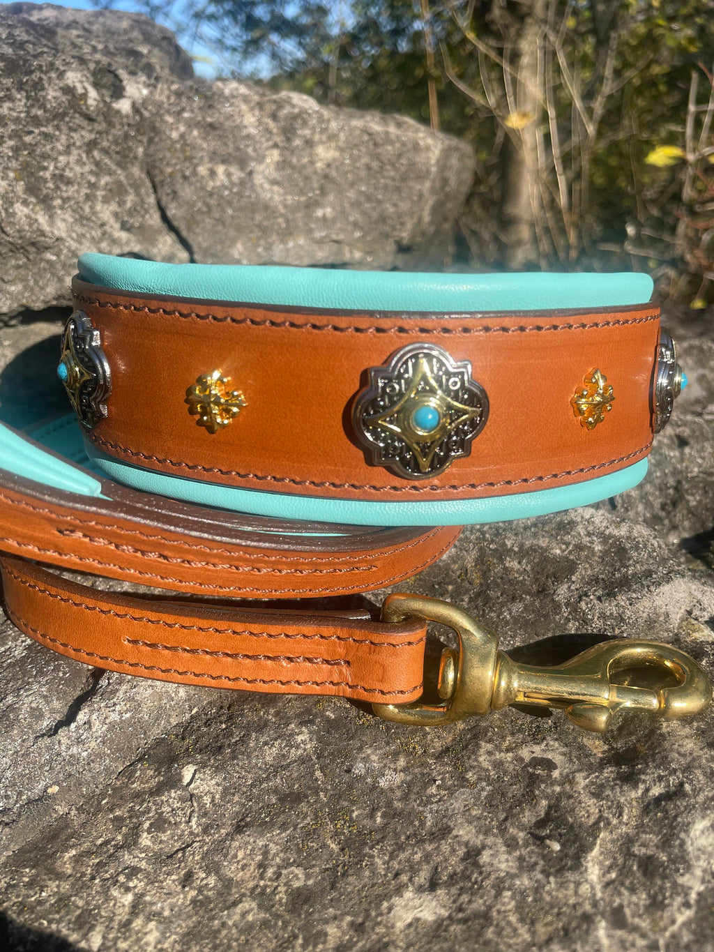 Turquoise Leather Dog Collar and Leash Set, Wide Leather Dog Collar with Stones and Golden Ornaments, Padded Handle Leather Dog Leash