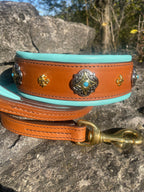 Turquoise Leather Dog Collar and Leash Set, Wide Leather Dog Collar with Stones and Golden Ornaments, Padded Handle Leather Dog Leash