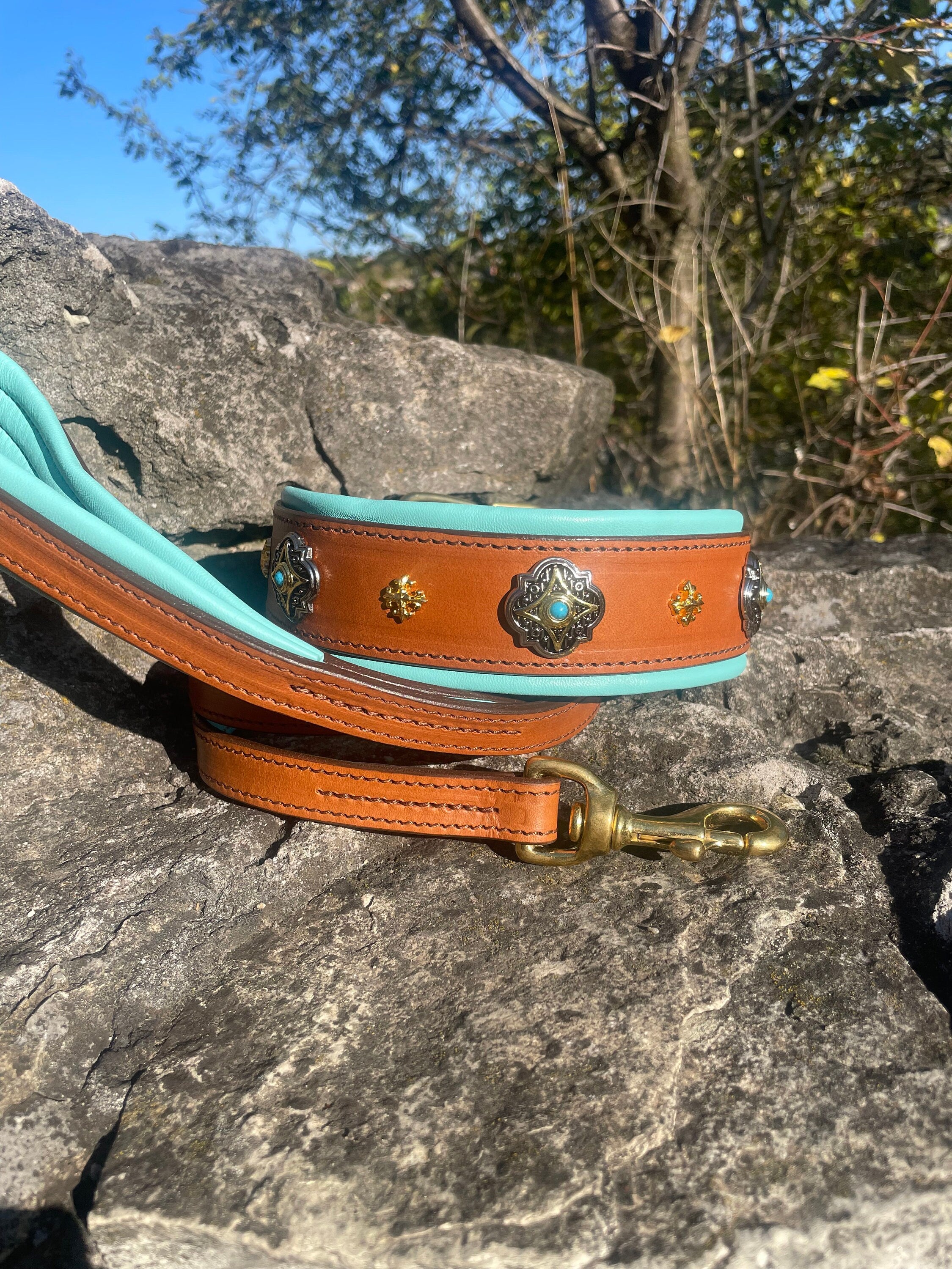 Turquoise Leather Dog Collar and Leash Set, Wide Leather Dog Collar with Stones and Golden Ornaments, Padded Handle Leather Dog Leash