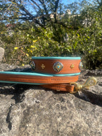 Turquoise Leather Dog Collar and Leash Set, Wide Leather Dog Collar with Stones and Golden Ornaments, Padded Handle Leather Dog Leash