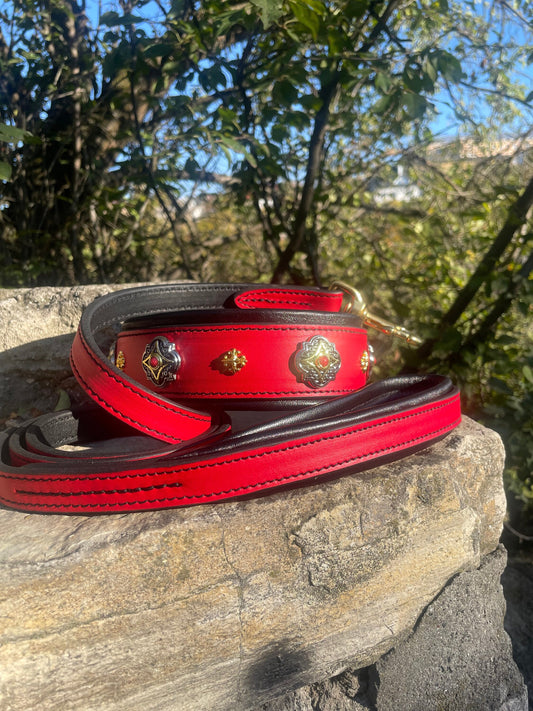 Red Leather Dog Collar and Leash Set, Luxury Leather Dog Collar with Stones and Padded Handle Leash Set, Wide Leather Collar for Dog