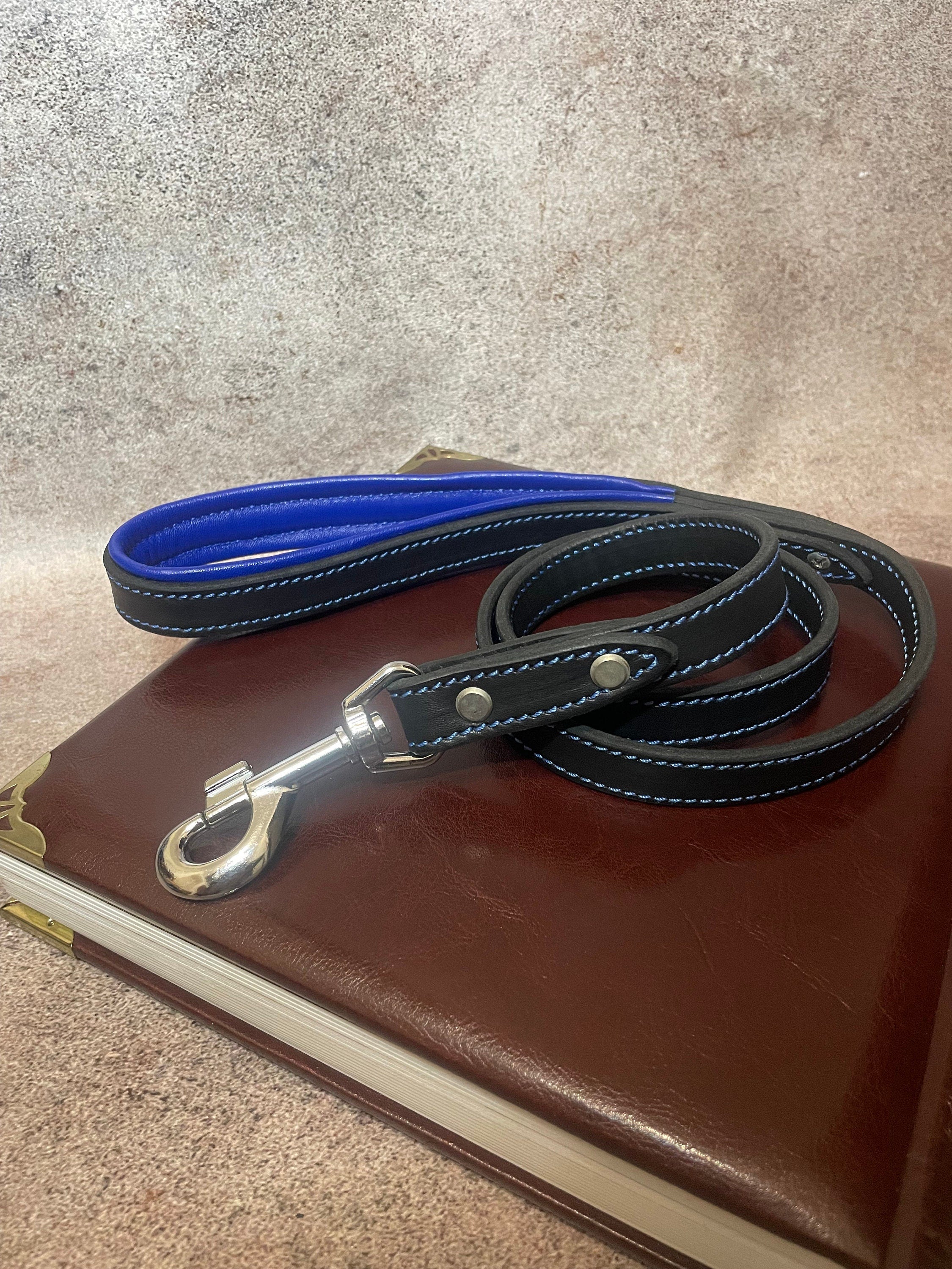 Leather Dog Leash Black Friday Sale, Black Leather and Royal Blue Padded Handle Leash for Dogs, Ready to Ship 5 ft Dog Leash Leather