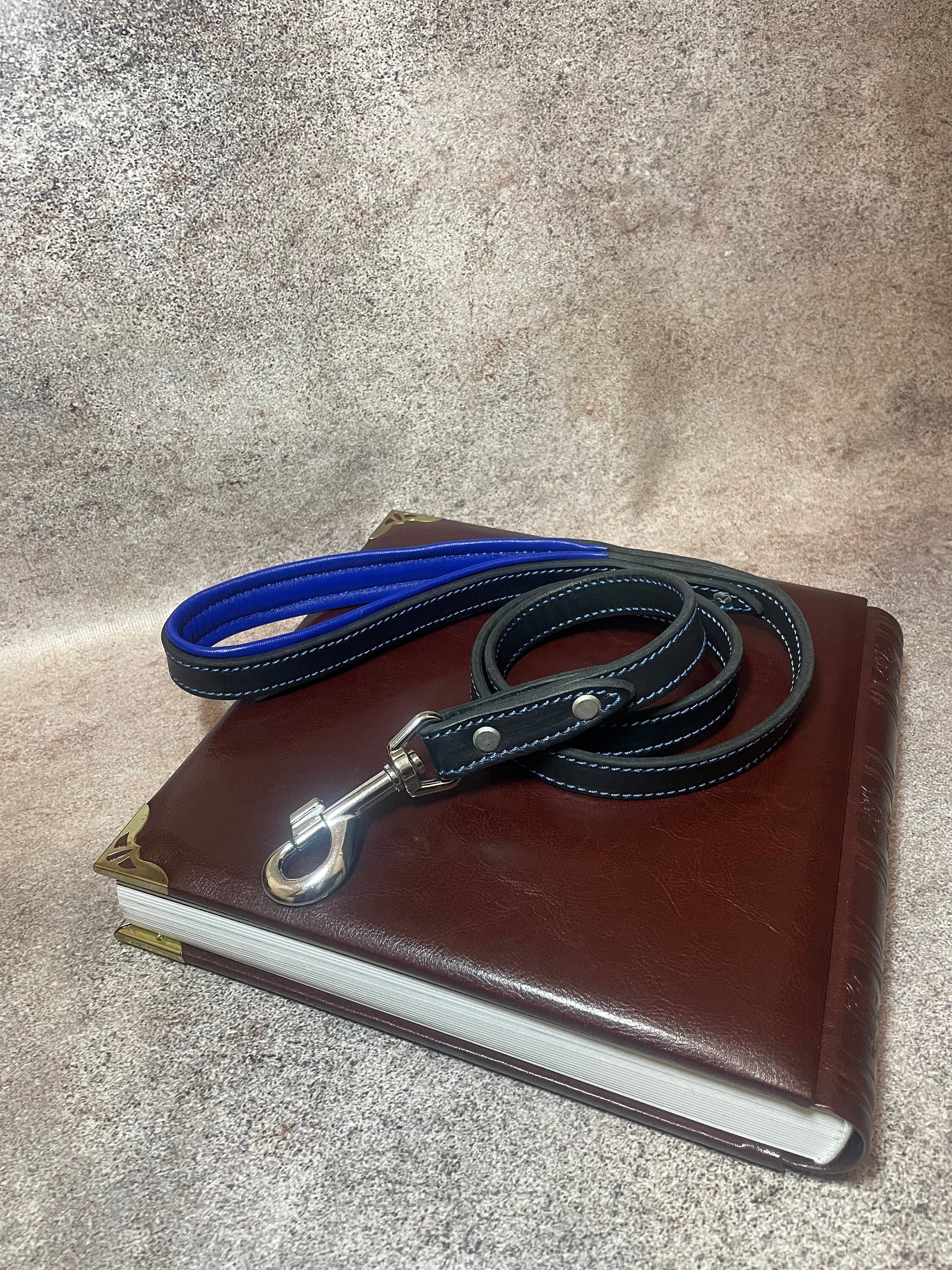 Leather Dog Leash Black Friday Sale, Black Leather and Royal Blue Padded Handle Leash for Dogs, Ready to Ship 5 ft Dog Leash Leather