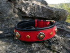 Red Leather Dog Collar with Gold Ornaments, Gemstones Dog Collar 2 in Wide Padded, Doberman, Mastiff, Great Dane, Shepherd, Large Dog Collar