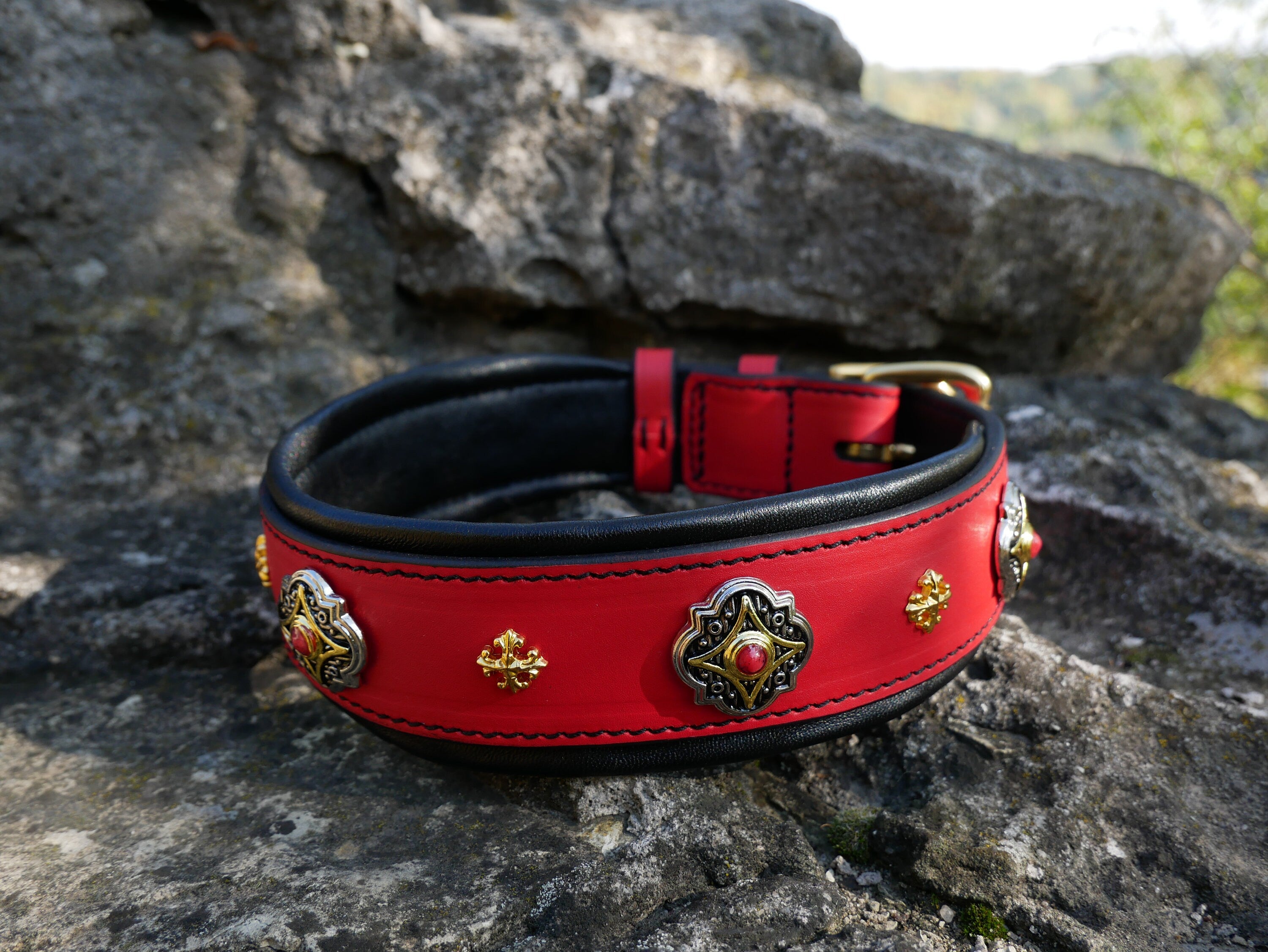 Red Leather Dog Collar with Gold Ornaments, Gemstones Dog Collar 2 in Wide Padded, Doberman, Mastiff, Great Dane, Shepherd, Large Dog Collar
