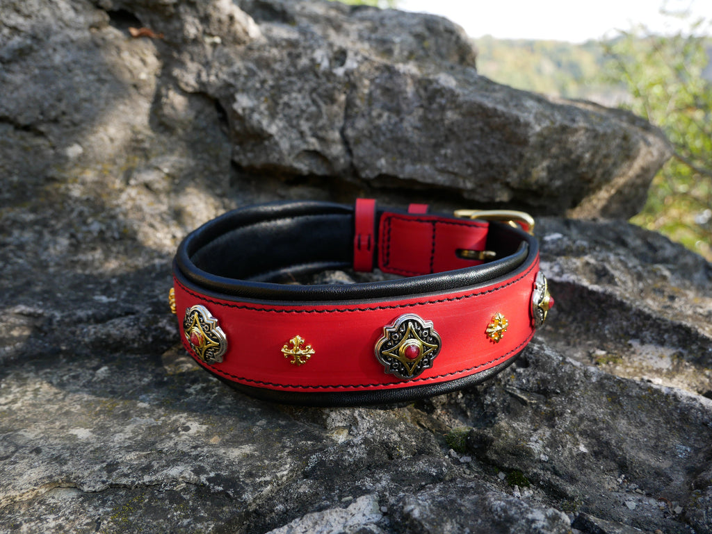Red Leather Dog Collar with Gold Ornaments, Gemstones Dog Collar 2 in Wide Padded, Doberman, Mastiff, Great Dane, Shepherd, Large Dog Collar