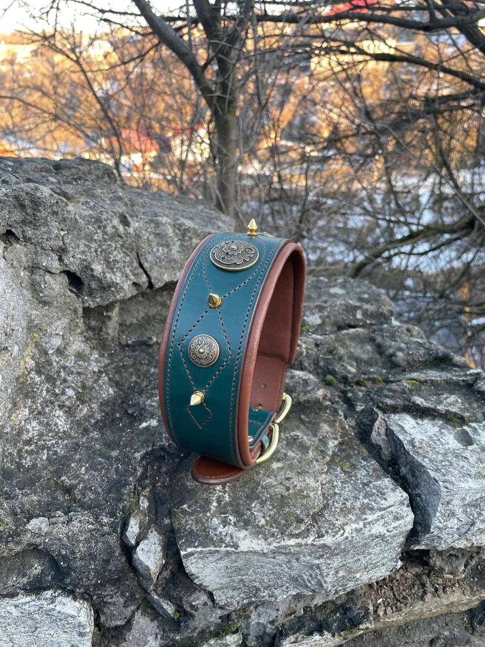 Green Leather Dog Collar Large, Padded Leather Collar with Ornaments, Designer Dog Collar, Spiked Dog Collar, Solid Brass Buckle, Conchos