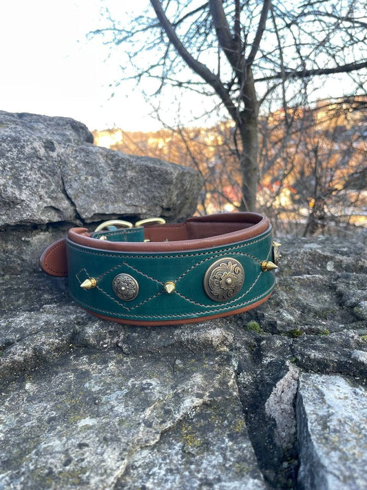 Green Leather Dog Collar Large, Padded Leather Collar with Ornaments, Designer Dog Collar, Spiked Dog Collar, Solid Brass Buckle, Conchos