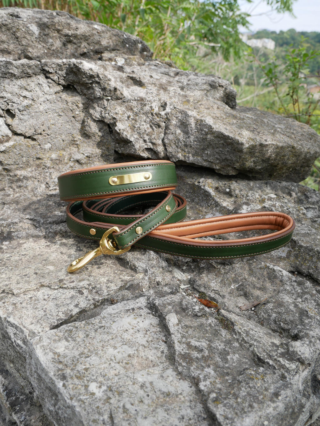 Green Leather Personalized Dog Collar and Leash Set Luxury Brass Buckle, Soft Padded Dog Collar, Padded Handle Dog Leash
