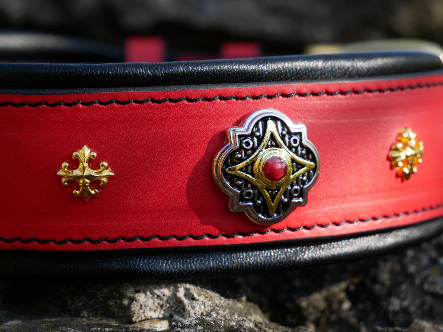 Luxury Red Leather Dog Collar and Leash Set for Large Dog, Designer Dog Collar Wide Padded Handle Leash Solid Brass Buckle