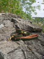Green Leather Personalized Dog Collar and Leash Set Luxury Brass Buckle, Soft Padded Dog Collar, Padded Handle Dog Leash