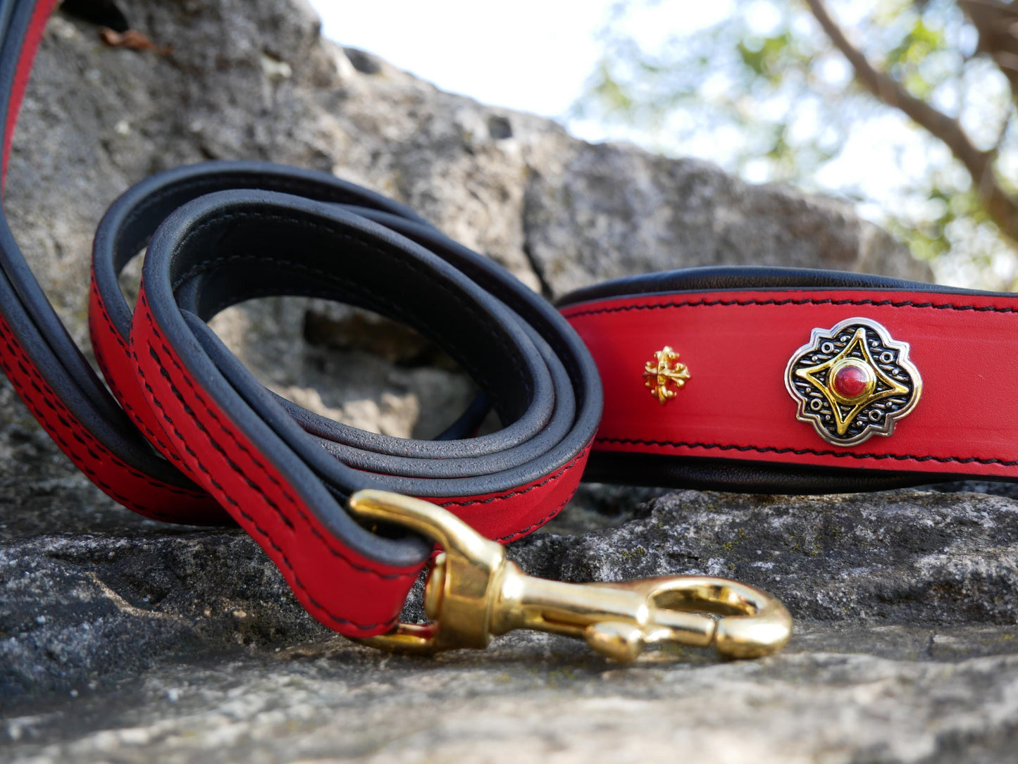 Luxury Red Leather Dog Collar and Leash Set for Large Dog, Designer Dog Collar Wide Padded Handle Leash Solid Brass Buckle