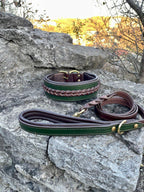 Unique Green Leather Dog Collar and Leash Set, Braided Dog Collar, Handmade Collar for Large Breeds, Doberman, Cane Corso, Bulldog